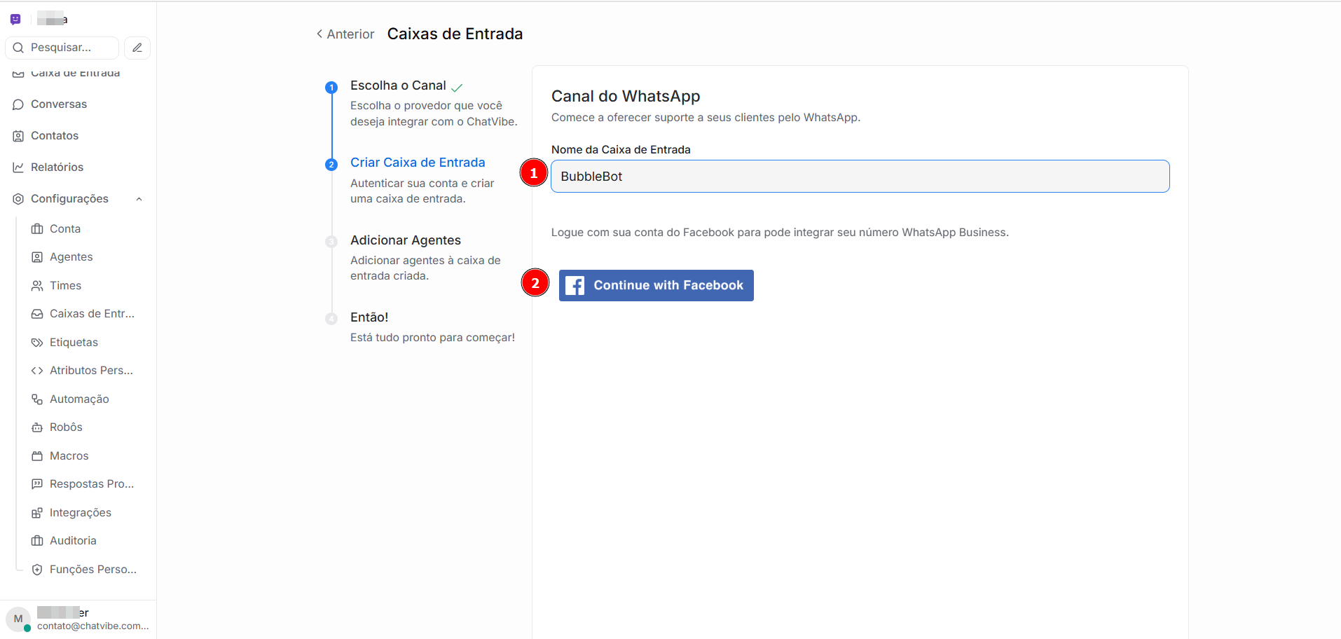 Nome da caixa e Continue with Facebook